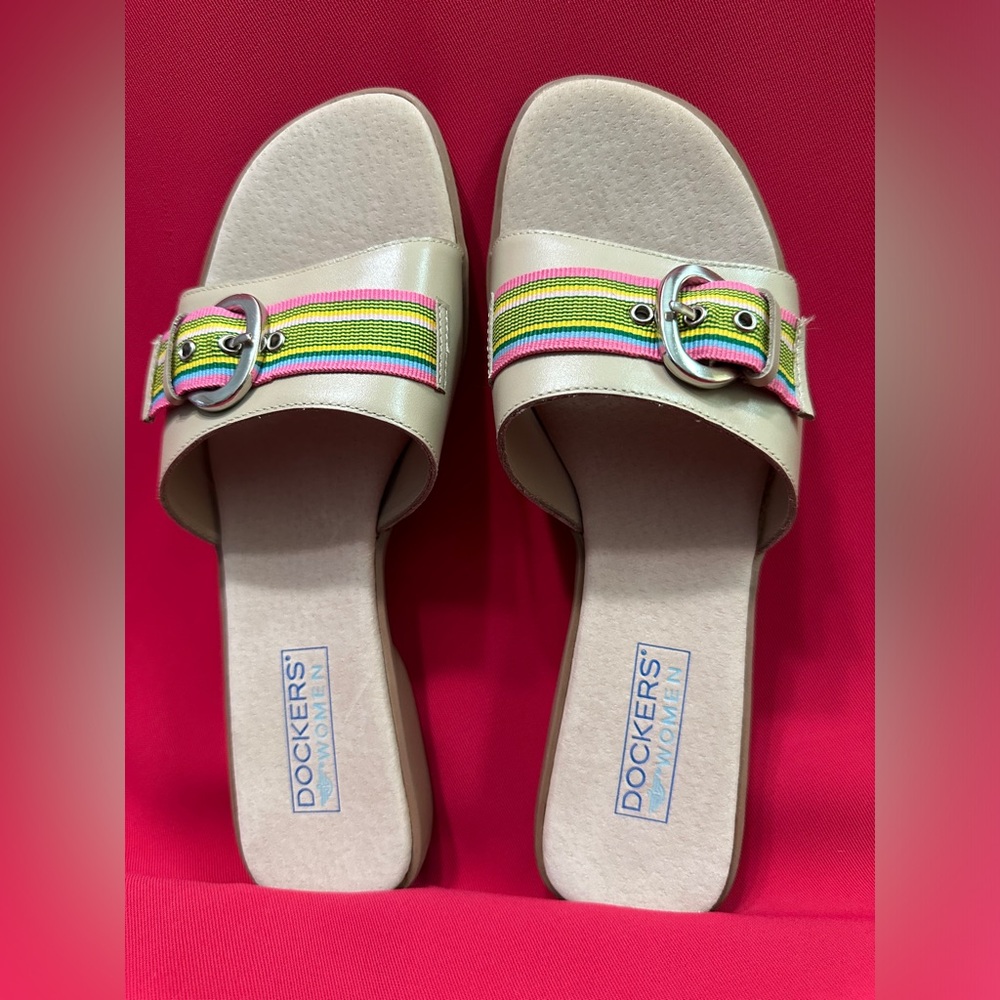 NWT DOCKERS DKRILEY BEACH/PK/GRN Slide Leather Sandals Women’s 6.0